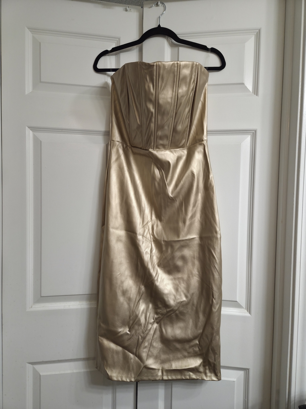 Fashion Nova Strapless Satin Sheath Dress in Champagne Gold